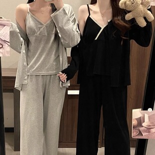 带胸垫睡衣女士春秋季长袖薄款蕾丝吊带三件套性感甜美家居服新款