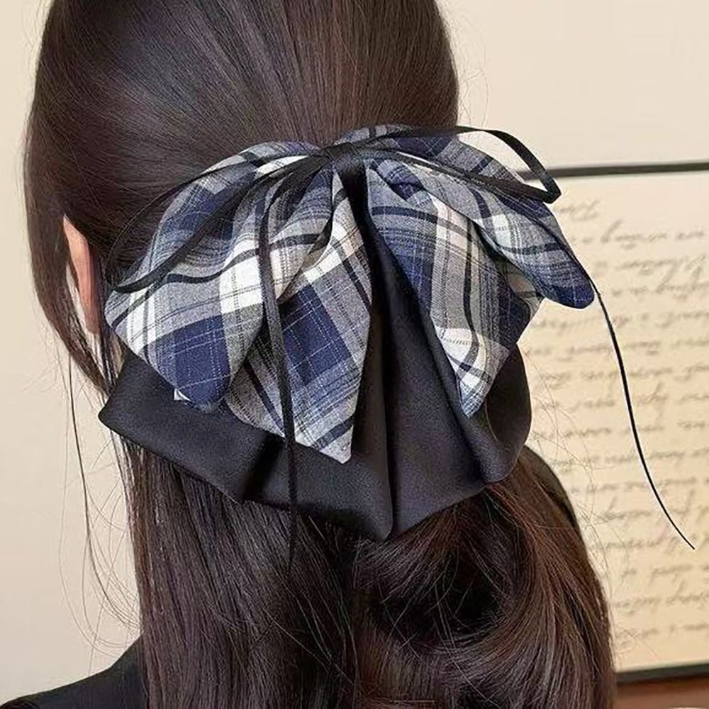 韩版格子蝴蝶结丝带抓夹高级感后脑勺半扎发马尾夹气质显发量发夹