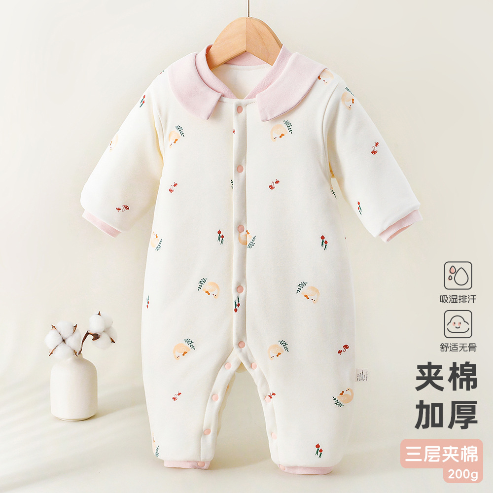 宝宝连体衣保暖夹棉婴儿衣服a类秋冬纯棉加厚200克外出棉服爬衣