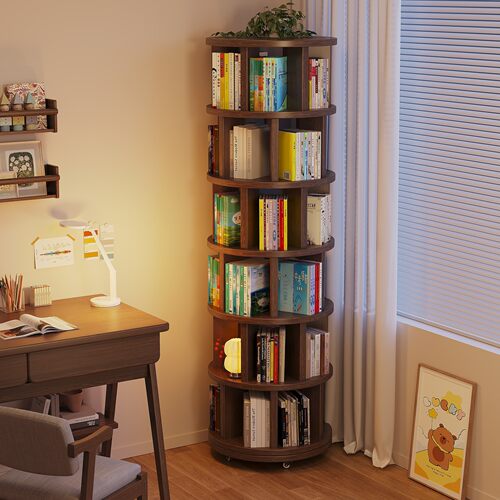 旋转书架一体靠墙360度可移动落地转角置物架实木生态板窄柜书柜