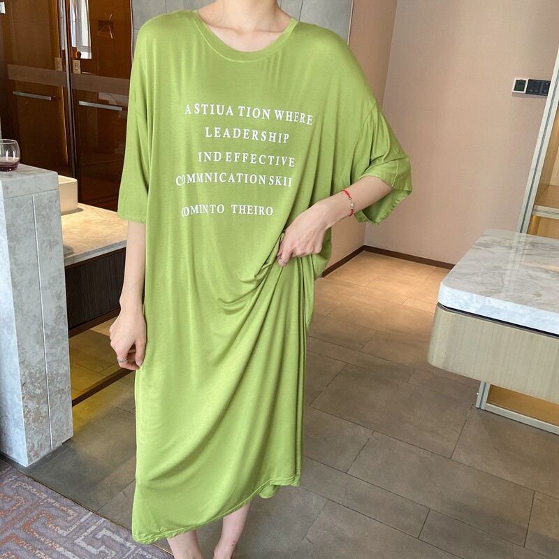 春夏新款女莫代尔字母纯棉睡裙胖mm200斤家居服中袖大码宽松睡衣