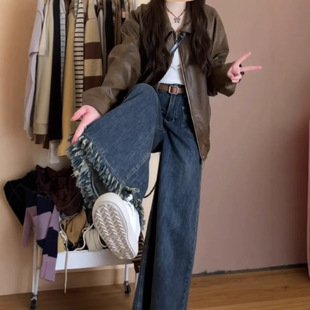 毛边a版阔腿牛仔裤女梨型身材显瘦裤子大码胖mm流苏大裤腿直筒裤