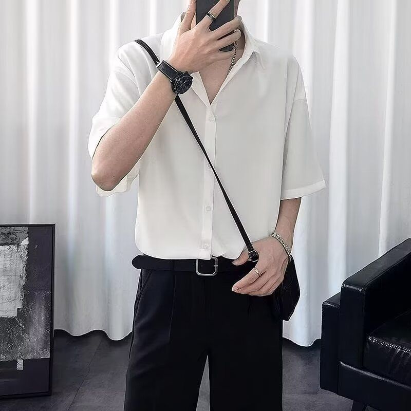 修身港套装短袖冰丝风五分袖两件套五分衬衫夏季韩版潮男西裤休闲