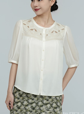 歌路丝25新品桑蚕丝小衬衫圆领镂空衬衫女春季上衣真丝透气01423