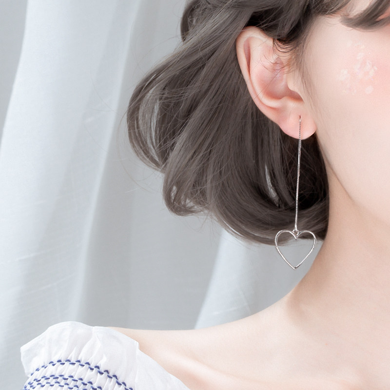 大爱心纯银耳线女长款简约桃心耳坠s925银仙女风心形耳绳气质耳链