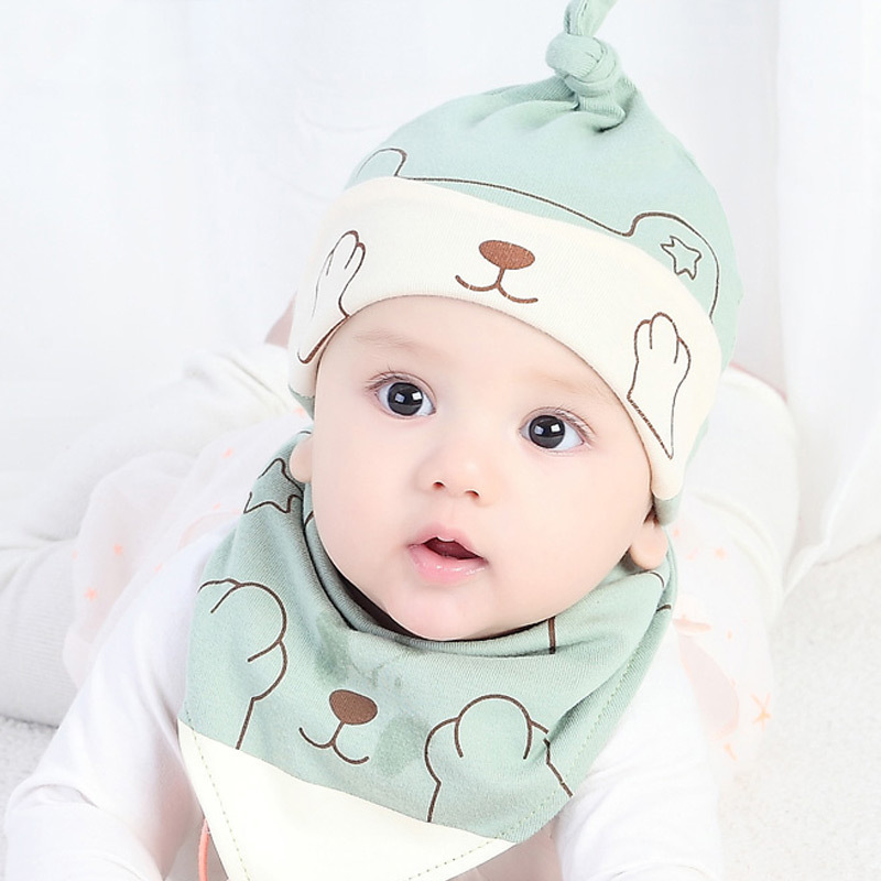 秋儿童卡通帽棉布帽婴幼儿口水巾猫咪帽三角巾套装5204