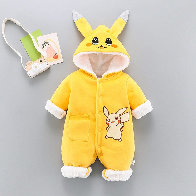 婴儿连体衣冬装加绒保暖新生儿衣服厚款宝宝爬服男童卡通造型哈衣