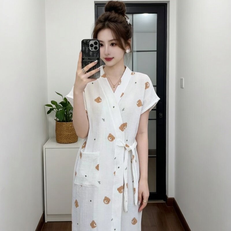 夏季短袖浴袍薄款棉纱女士长款睡袍女款家居服纯棉睡衣居家装
