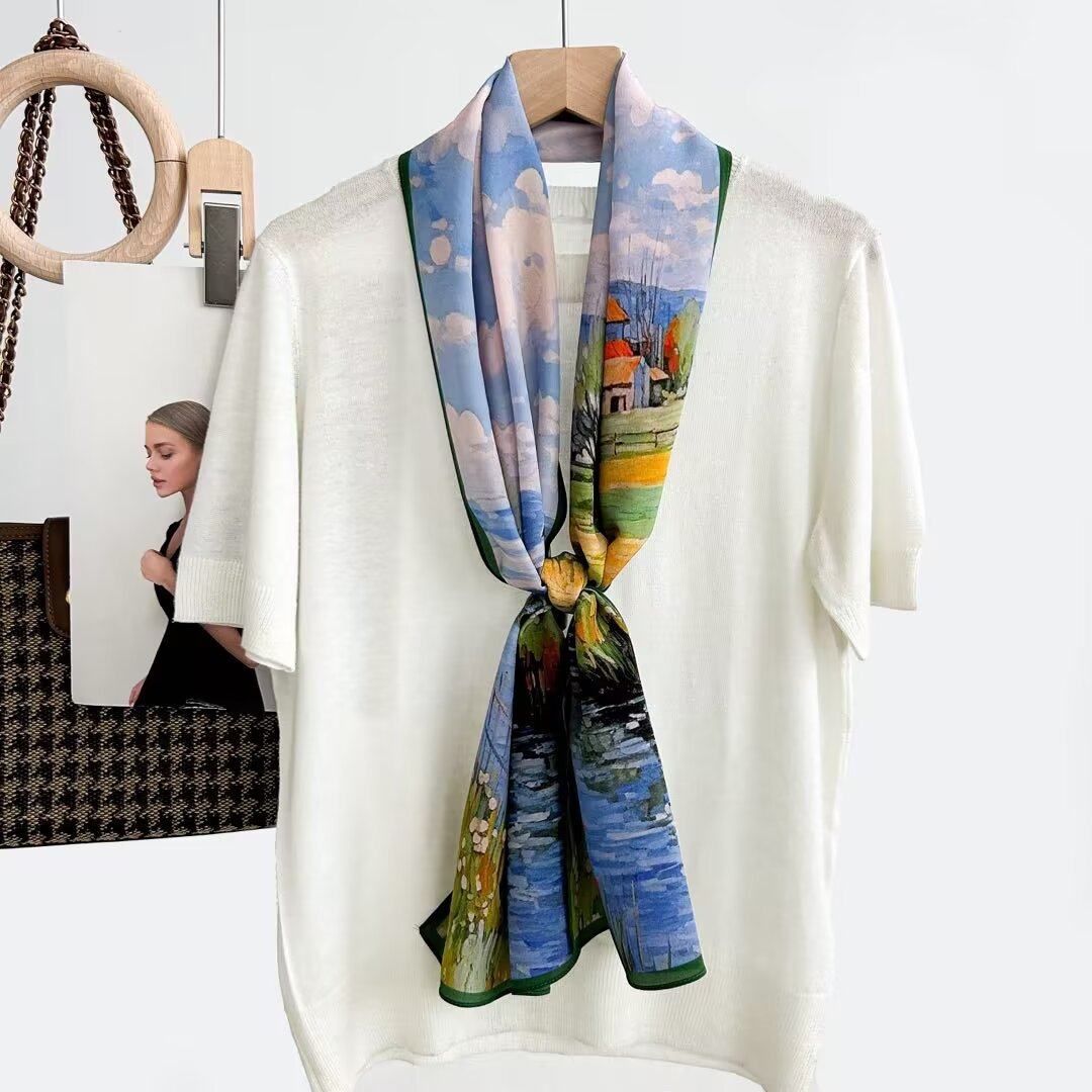 梵高油画100%双皱桑蚕丝丝巾女春秋装饰真丝领巾印花纱巾披肩