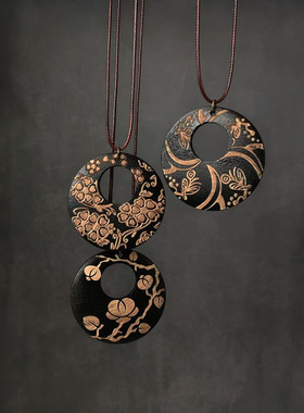 新中式复古民族风木质雕花项链大圆个性小众设计项链气质文艺配饰
