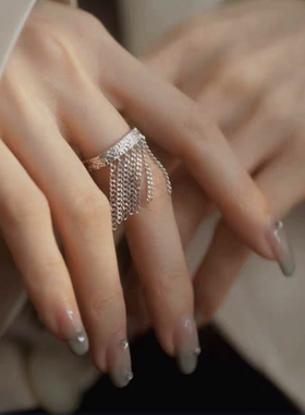 银色戒指唐草纹链条流苏开口戒指小众独特个性十足国潮风食指戒