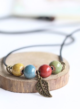 复古叶子铃铛陶瓷项链民族风