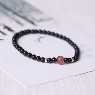 超细黑曜石手链女细小珠子黑手串黑石天然水晶情侣现货彩虹眼4mm