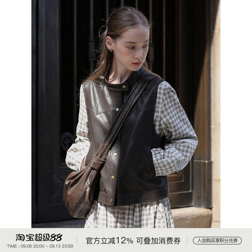 MELLIIY酷感立领pu皮马甲外套女