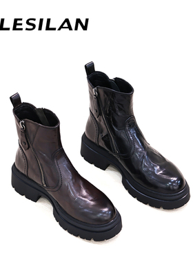 爱乐诗兰秋冬新款高级感手抓花牛皮侧拉链切尔西女靴4d05017/027