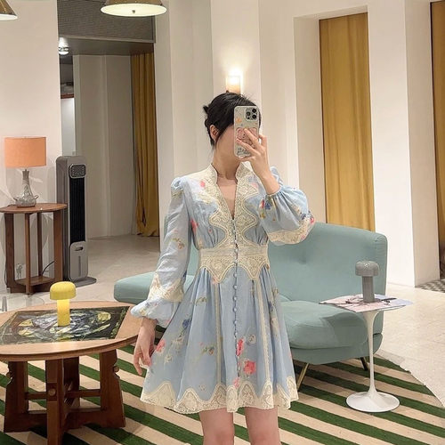 春夏高端定制亚麻蕾丝深V连衣裙