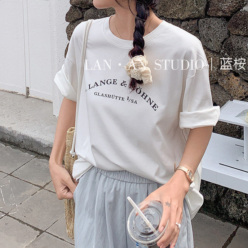 春夏季圆领水柔双面棉宽松字母印花背后小标短袖T恤超大件落肩女