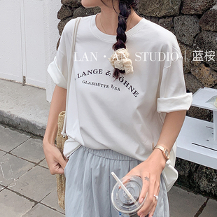 春夏季圆领水柔双面棉宽松字母印花背后小标短袖T恤超大件落肩女