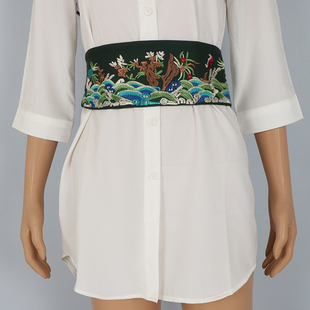 新中式花纹绿色刺绣弹力宽腰封民族风配马面裙松紧腰束腰腰带显瘦