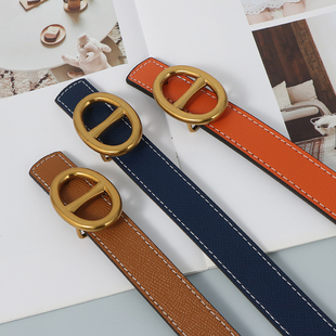 2025做旧金属扣头猪鼻子双面缝线牛皮真皮细腰带搭配牛仔裤皮带女