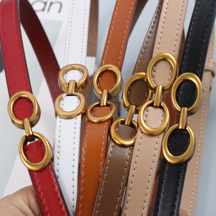 带女 裤 潮人新品 双圆对扣配件牛皮腰带调节扣棕色细皮带搭配牛仔裤