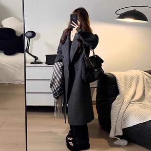 2025秋冬新款黑灰韩系高端双面呢羊绒大衣女慵懒宽松长款毛呢外套