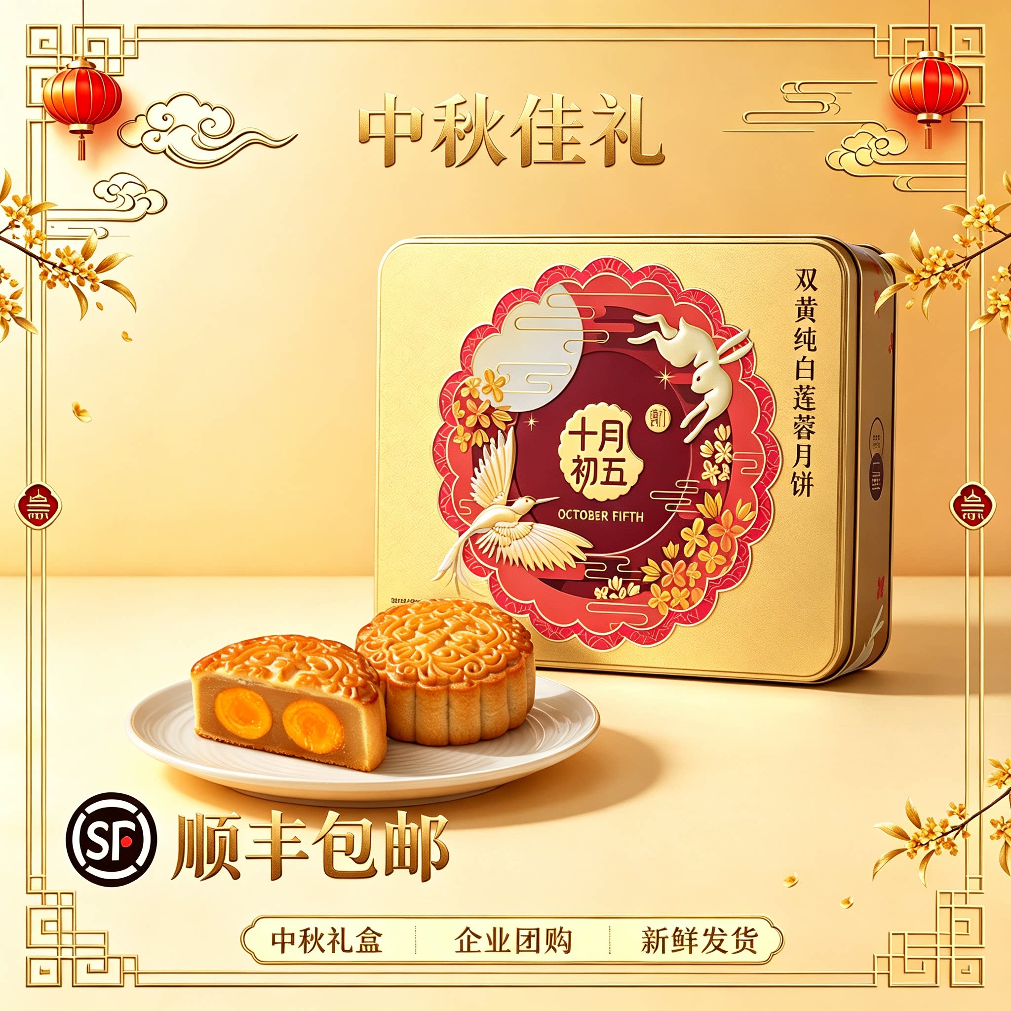十月初五金秋聚福/双蛋黄纯白莲蓉月饼礼盒五仁员工福利团购送礼