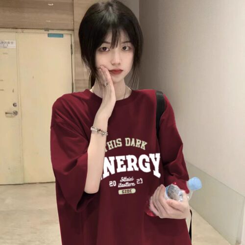 酒红色纯棉短袖t恤女宽松学生