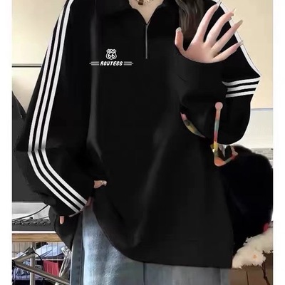 美式polo衫黑色翻领半拉链卫衣女