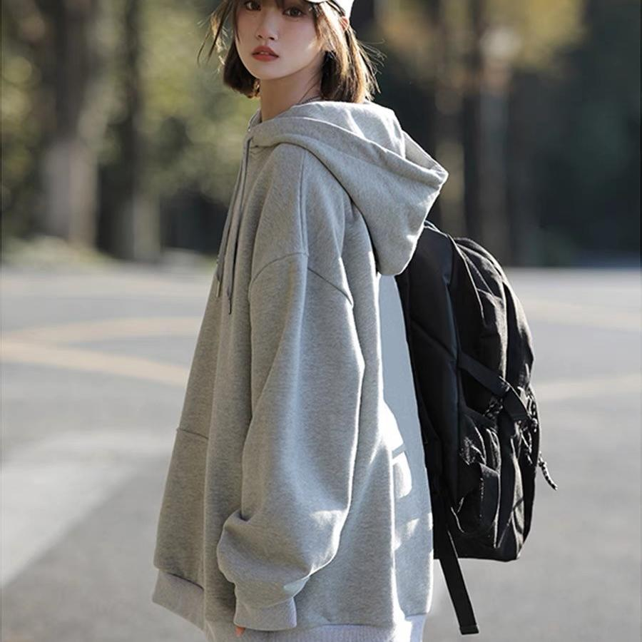 美式灰色oversize连帽卫衣女上衣