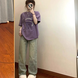 复古半袖 100%纯棉紫色短袖 美式 T恤女2025夏季 设计感小众上衣 新款