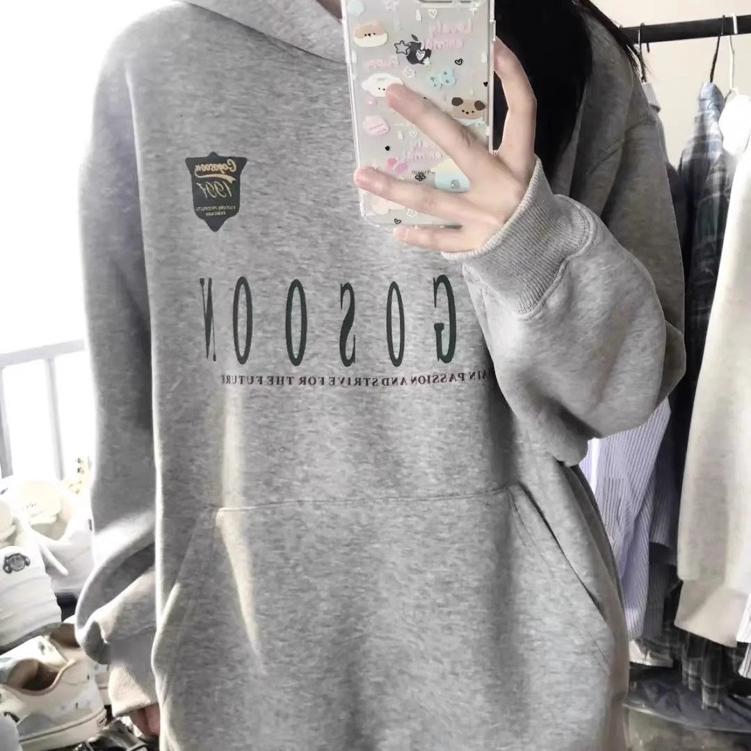 秋冬新款灰色美式复古连帽卫衣女