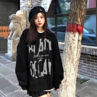 宽松大码黑色圆领卫衣女2025新款爆款oversize慵懒风秋冬女上衣