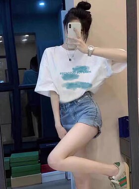 纯棉白色短袖t恤女宽松2023新款显瘦设计感小众港味chic上衣夏季