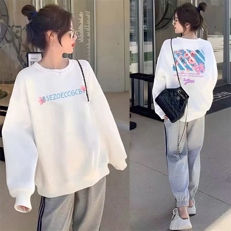2024春秋新款韩版大码女装薄款无帽卫衣女宽松洋气百搭慵懒风上衣