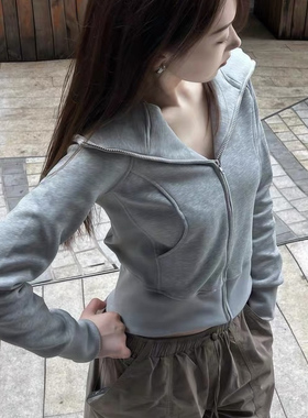 修身基础款灰色连帽外套卫衣女2025秋冬加绒加厚小个子穿搭上衣