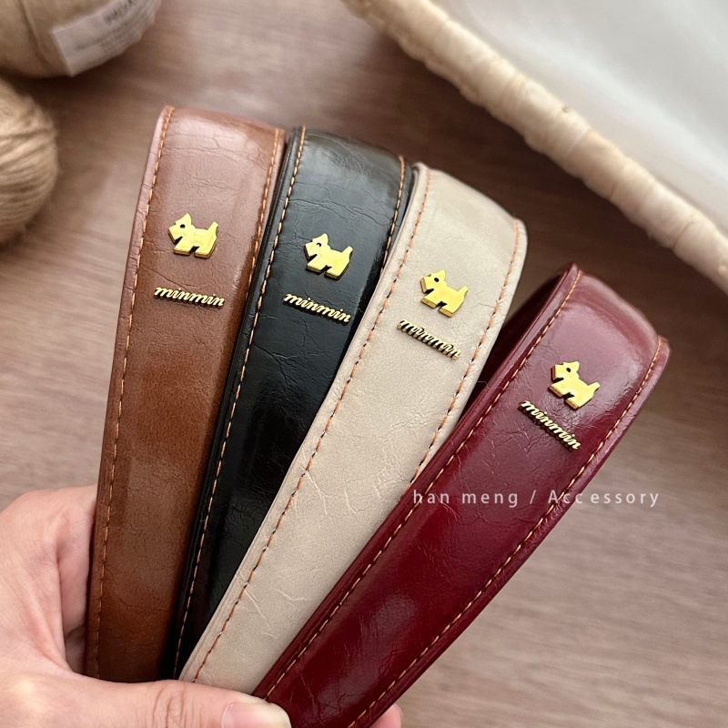 韩系复古皮质发箍金标小狗字母宽边头箍新款高级感百搭高颅顶发卡