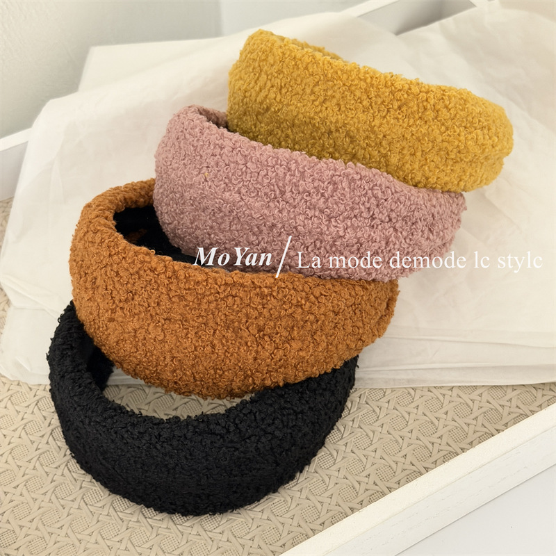 新款羊羔毛绒发箍女纯色宽边简约头箍洗脸发捆日常外戴泰迪毛发卡