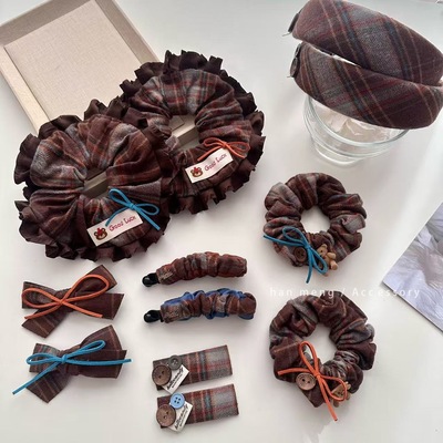 韩国格纹布艺大肠发圈女学院风马尾头绳蝴蝶结侧边夹刘海夹发箍