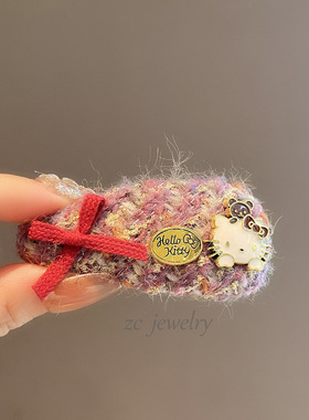 KT猫蝴蝶结小发夹紫色发卡发饰小夹子头饰毛呢侧边夹刘海夹碎发夹