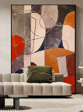 XD手绘油画橙色抽象线条玄关装饰画现代简约客厅背景墙肌理艺术画