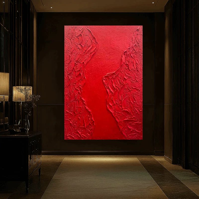 手绘红色画沙发大厅装饰走廊油画大好河山现代肌理客厅餐厅背景画