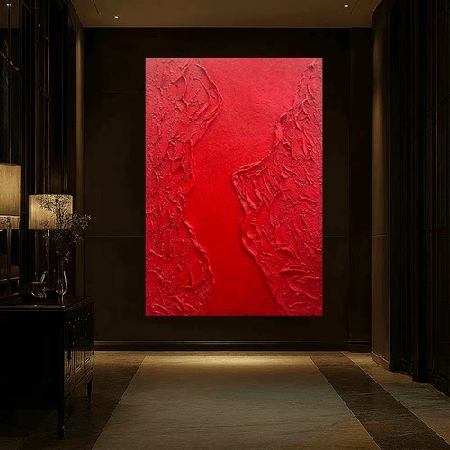 手绘红色画沙发大厅装饰走廊油画大好河山现代肌理客厅餐厅背景画