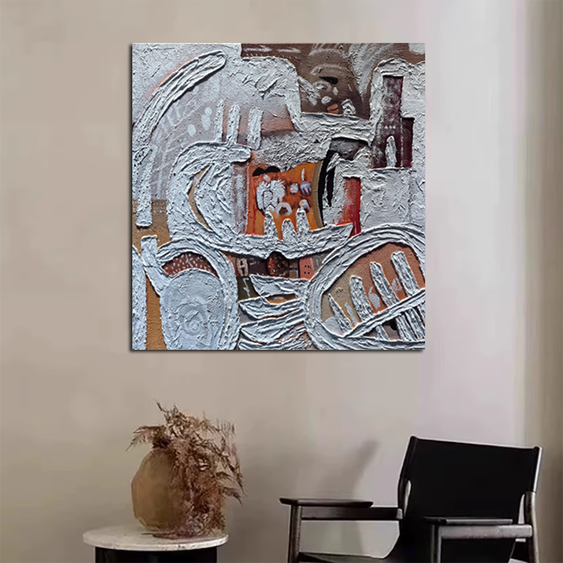 纯手绘艺术油画高级感客厅正方形沙发抽象装饰画民宿卧室肌理挂画图片