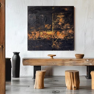 XD手绘油画侘寂风装饰画意式抽象油画落地画大厅沙发背景设计油画