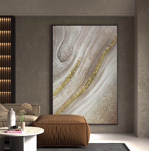 手绘油画入户玄关侘寂风抽象装饰画客厅背景墙挂画沙发金箔肌理画