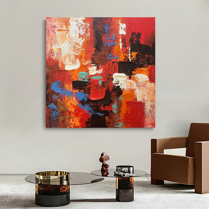 正方形装饰画纯手绘油画《福运》红色客厅背景大厅餐厅沙发抽象画