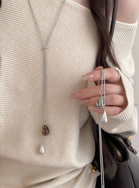 复古水滴虎眼石抽拉项链女