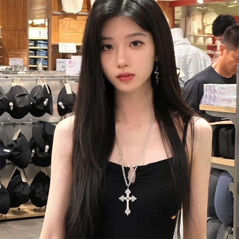韩国小众设计bm同款银色十字架项链复古辣妹长款颈链复古朋克颈饰