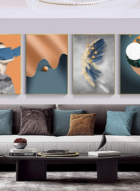 现代轻奢蓝色羽毛抽象人物油漆笔刷北欧小众样板房装饰画客厅挂画